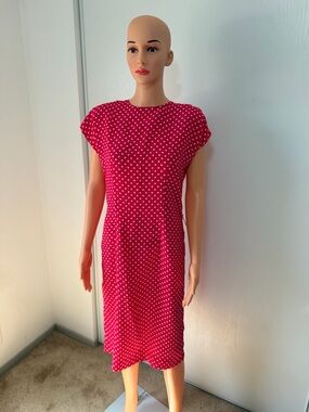Vintage Leslie Fay Pink Polka Dot Dress Size 8 Red White Retro Midi